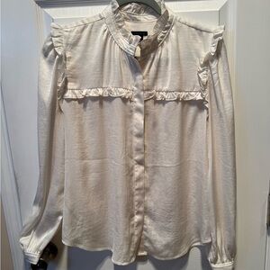 Ann Taylor Cream Ruffle-Front Long Sleeve Blouse